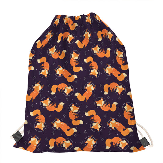 Space Fox Pattern Print Drawstring Bag