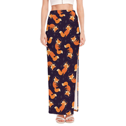 Space Fox Pattern Print High Slit Maxi Skirt