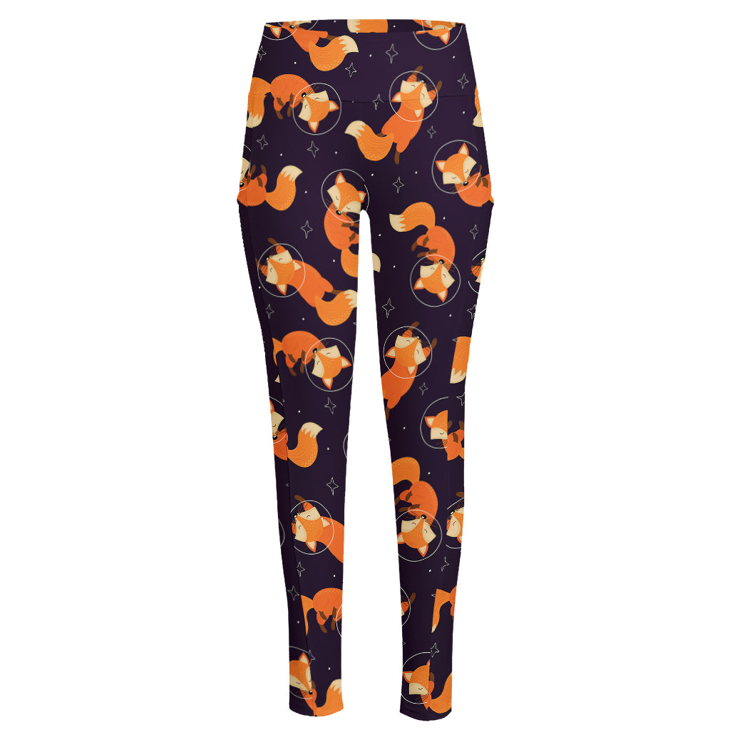 Space Fox Pattern Print High-Waisted Pocket Leggings