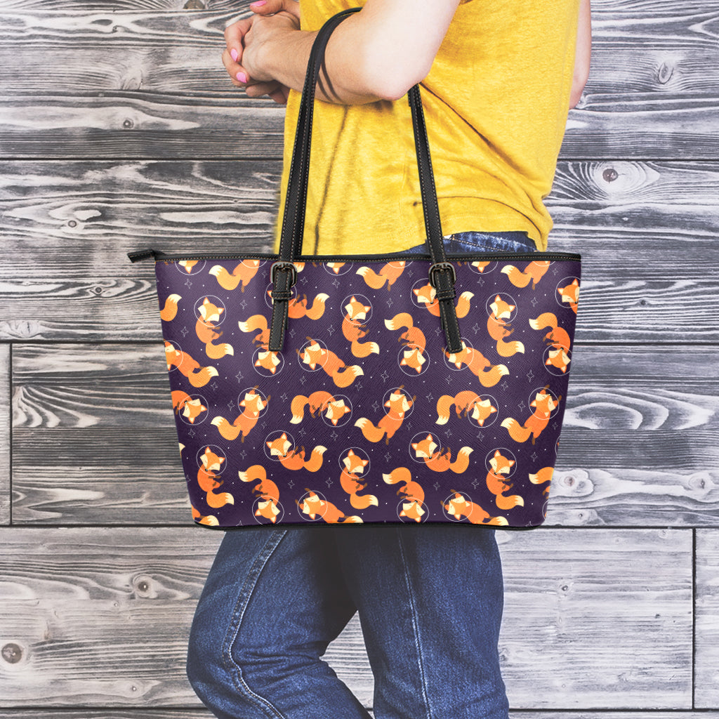 Space Fox Pattern Print Leather Tote Bag