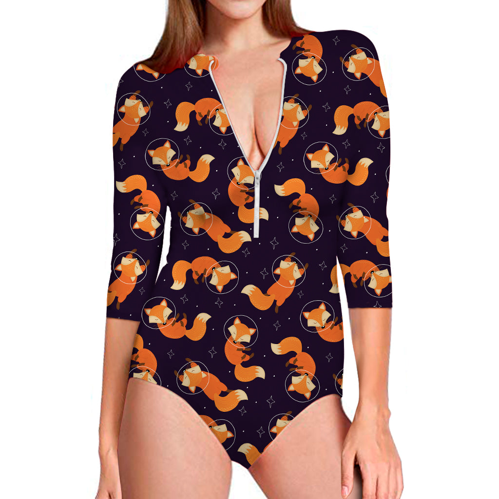 Space Fox Pattern Print Long Sleeve Swimsuit