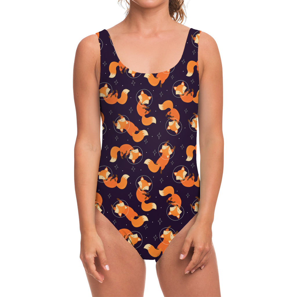 Space Fox Pattern Print One Piece Swimsuit
