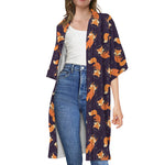 Space Fox Pattern Print Open Front Beach Cover Up