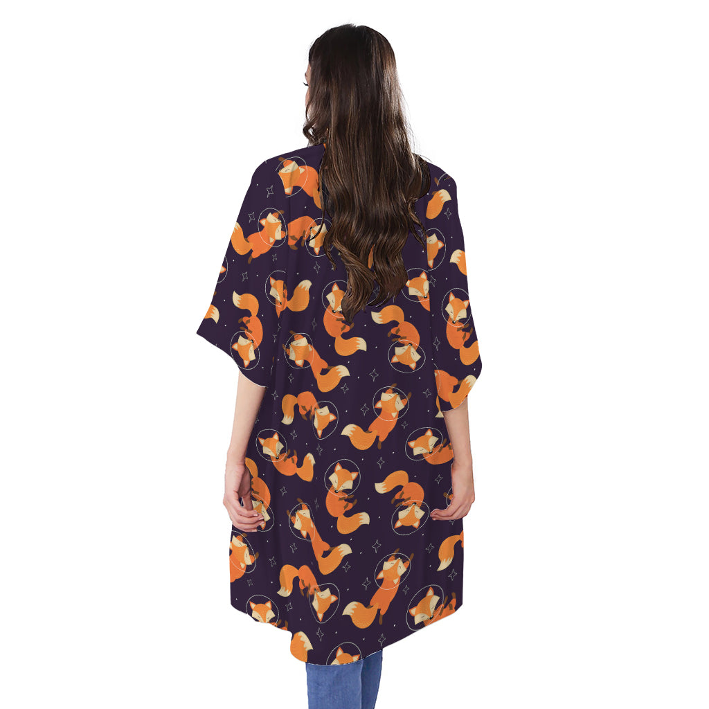 Space Fox Pattern Print Open Front Beach Cover Up