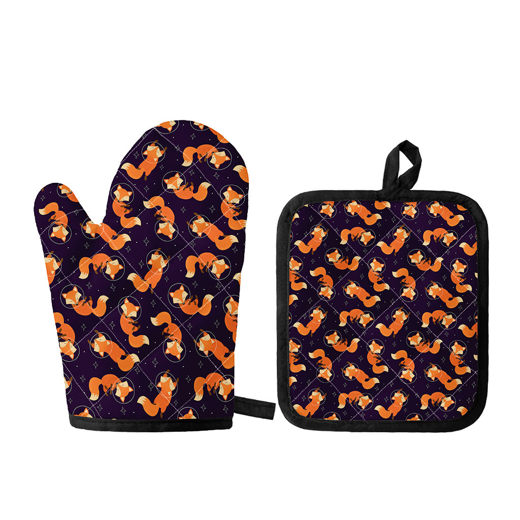 Space Fox Pattern Print Oven Mitt And Pot Holder Set