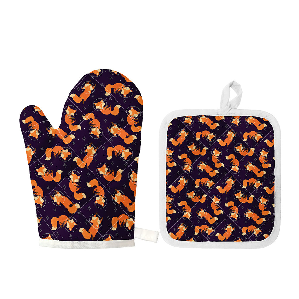 Space Fox Pattern Print Oven Mitt And Pot Holder Set