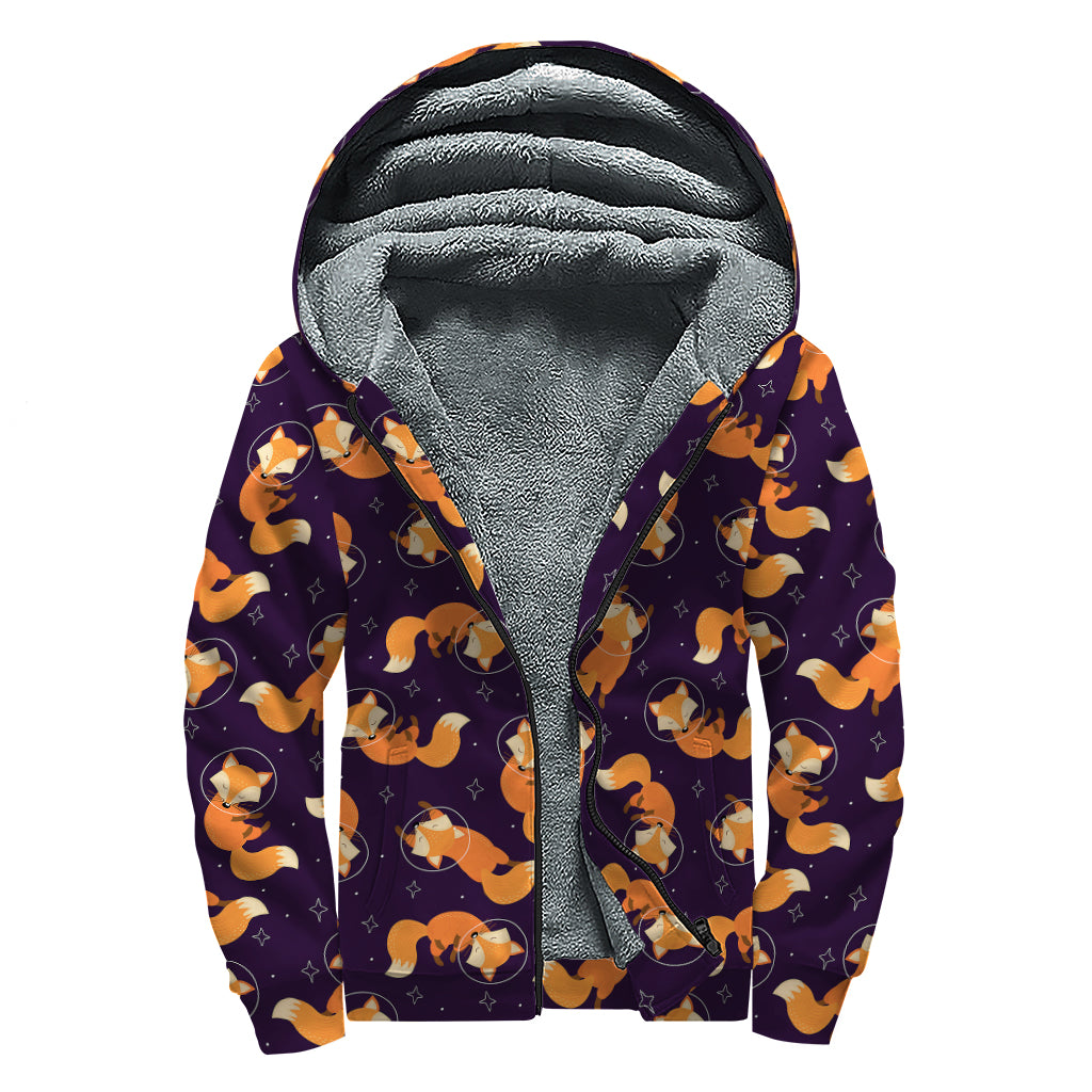 Space Fox Pattern Print Sherpa Lined Zip Up Hoodie
