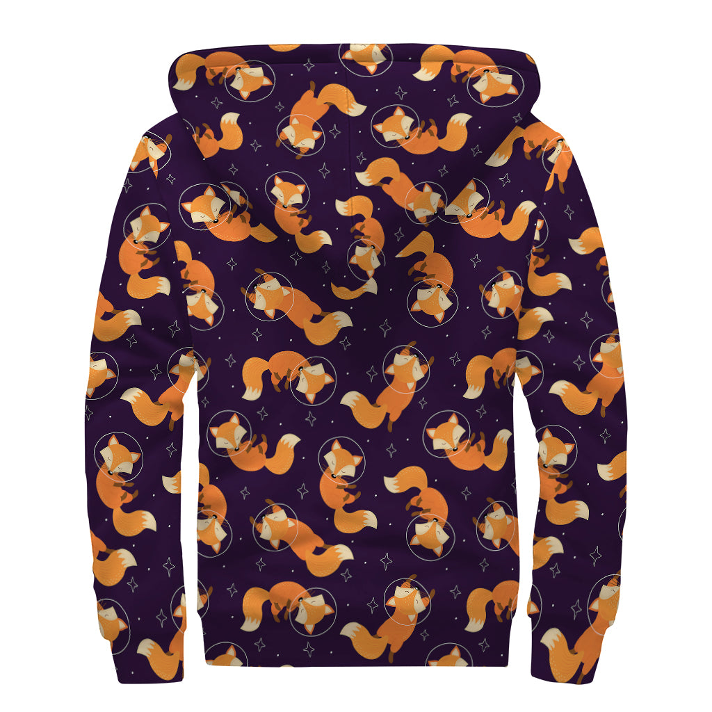 Space Fox Pattern Print Sherpa Lined Zip Up Hoodie