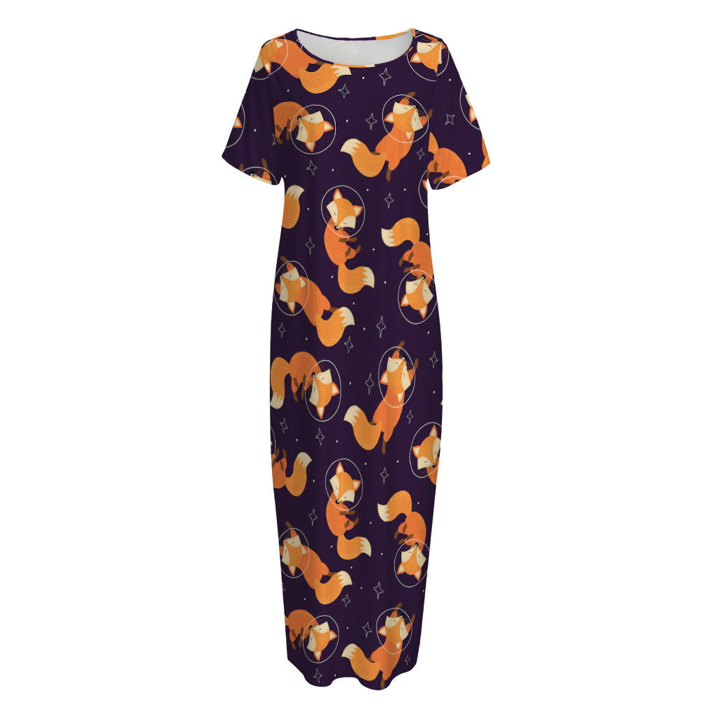 Space Fox Pattern Print Short Sleeve Long Nightdress