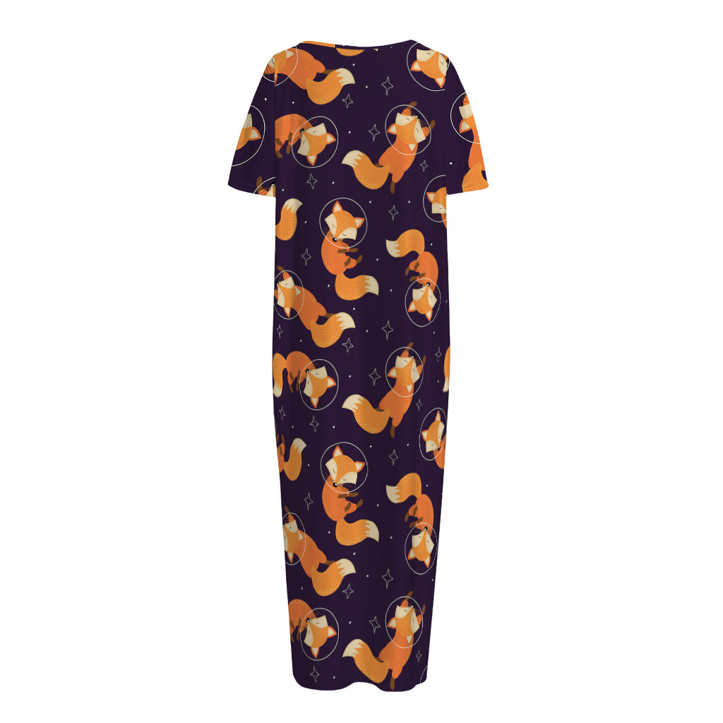 Space Fox Pattern Print Short Sleeve Long Nightdress