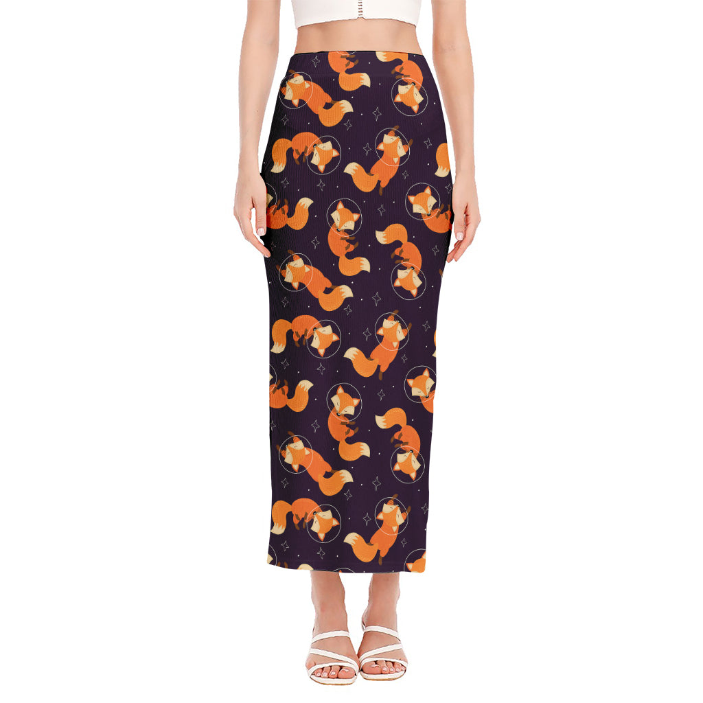 Space Fox Pattern Print Side Slit Maxi Skirt