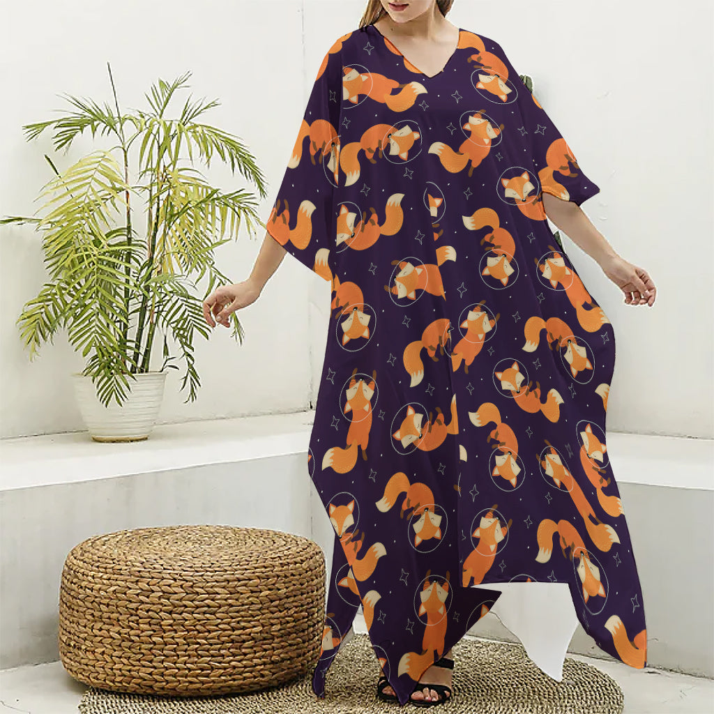 Space Fox Pattern Print Silk V-Neck Kaftan Dress