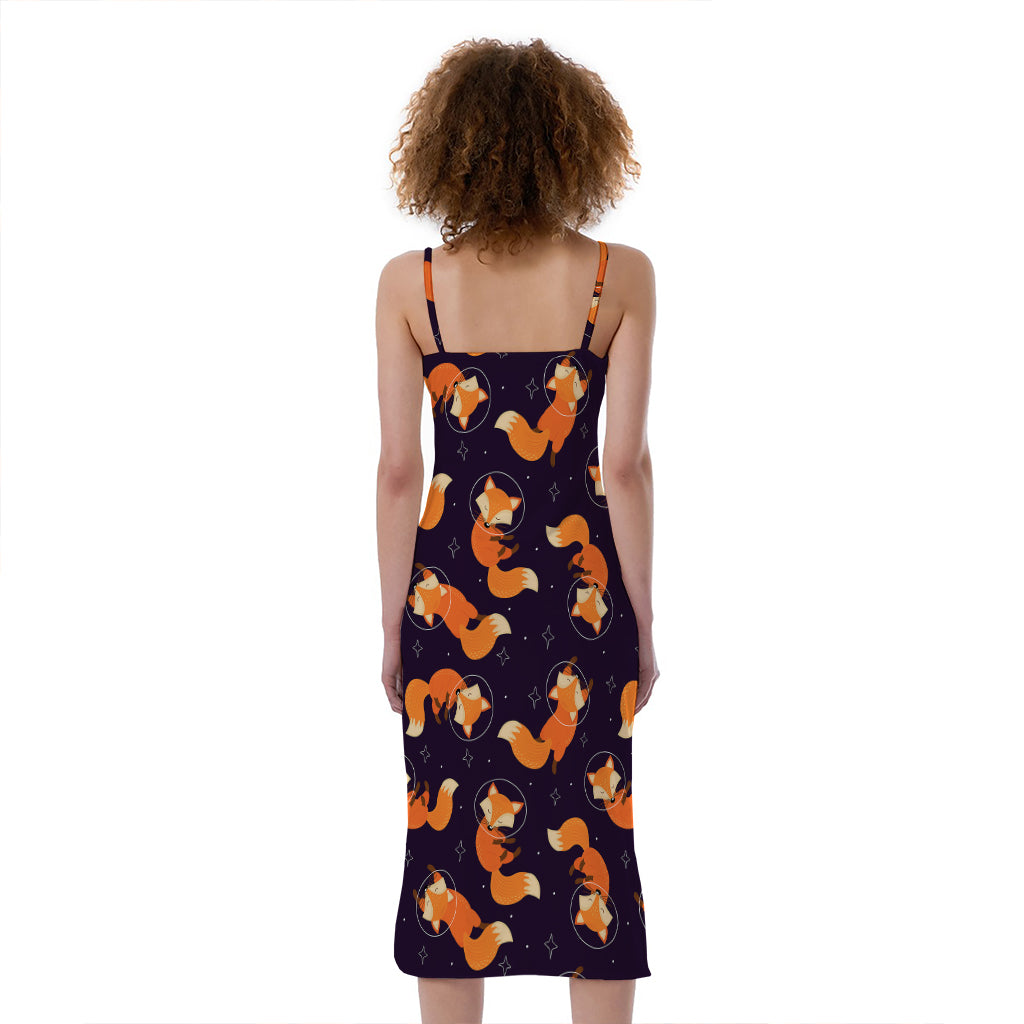 Space Fox Pattern Print Slim Fit Midi Cami Dress