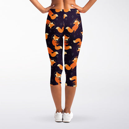 Space Fox Pattern Print Women's Capri Leggings