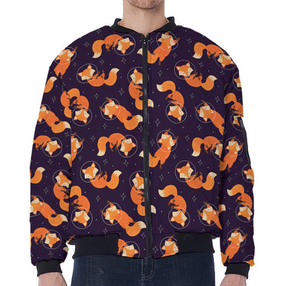 Space Fox Pattern Print Zip Sleeve Bomber Jacket