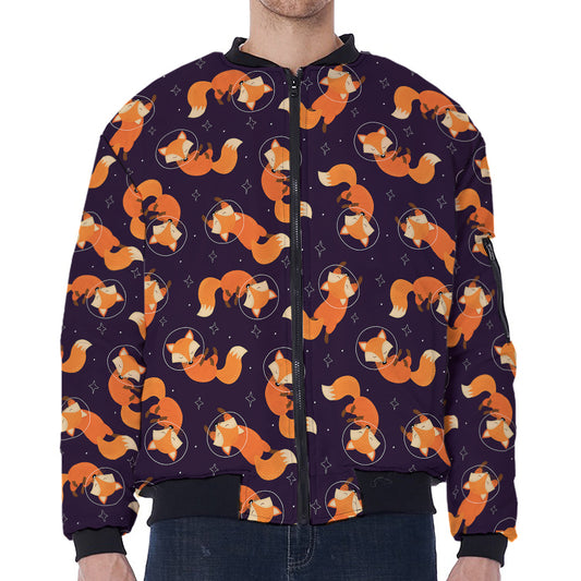 Space Fox Pattern Print Zip Sleeve Bomber Jacket