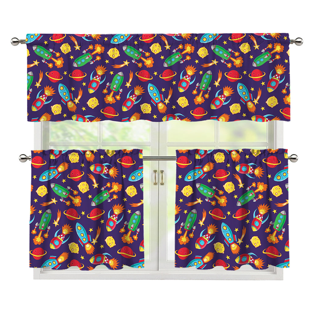 Space Rockets Pattern Print 3 Piece Kitchen Curtains