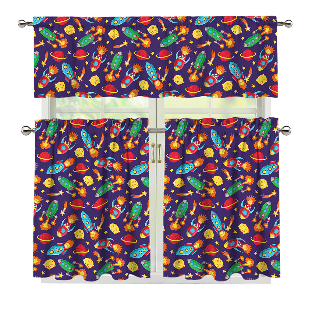 Space Rockets Pattern Print 3 Piece Kitchen Curtains