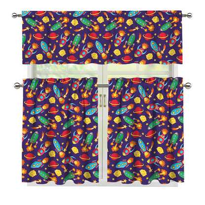 Space Rockets Pattern Print 3 Piece Kitchen Curtains