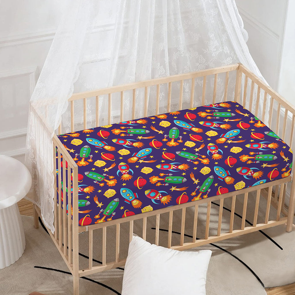 Space Rockets Pattern Print Baby Crib Sheet