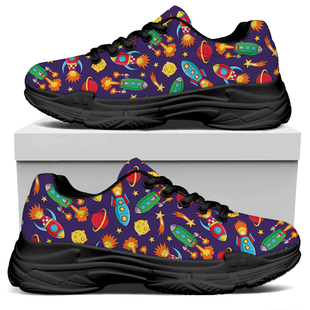 Space Rockets Pattern Print Black Chunky Shoes