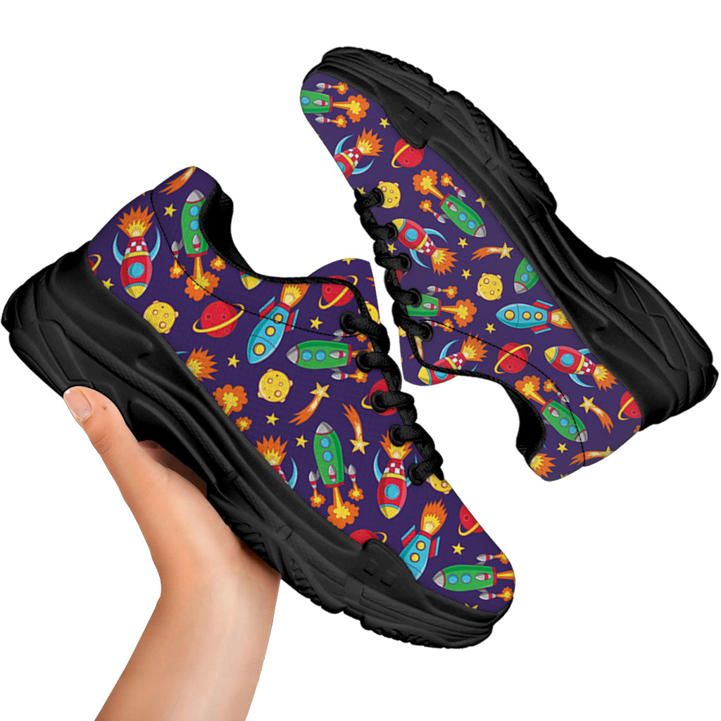Space Rockets Pattern Print Black Chunky Shoes