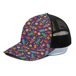 Space Rockets Pattern Print Black Mesh Trucker Cap