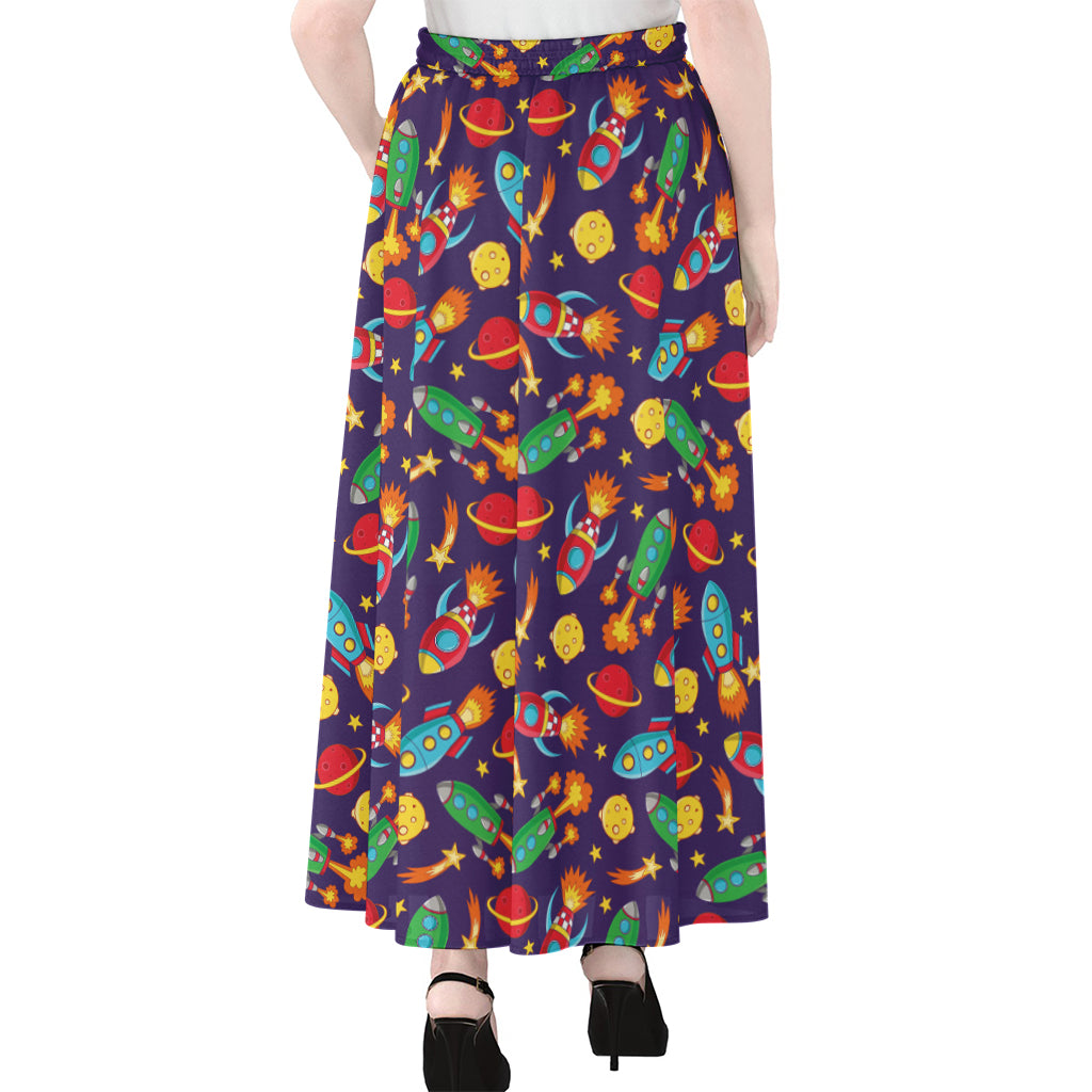 Space Rockets Pattern Print Chiffon Maxi Skirt
