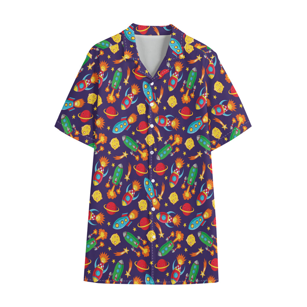 Space Rockets Pattern Print Cotton Hawaiian Shirt