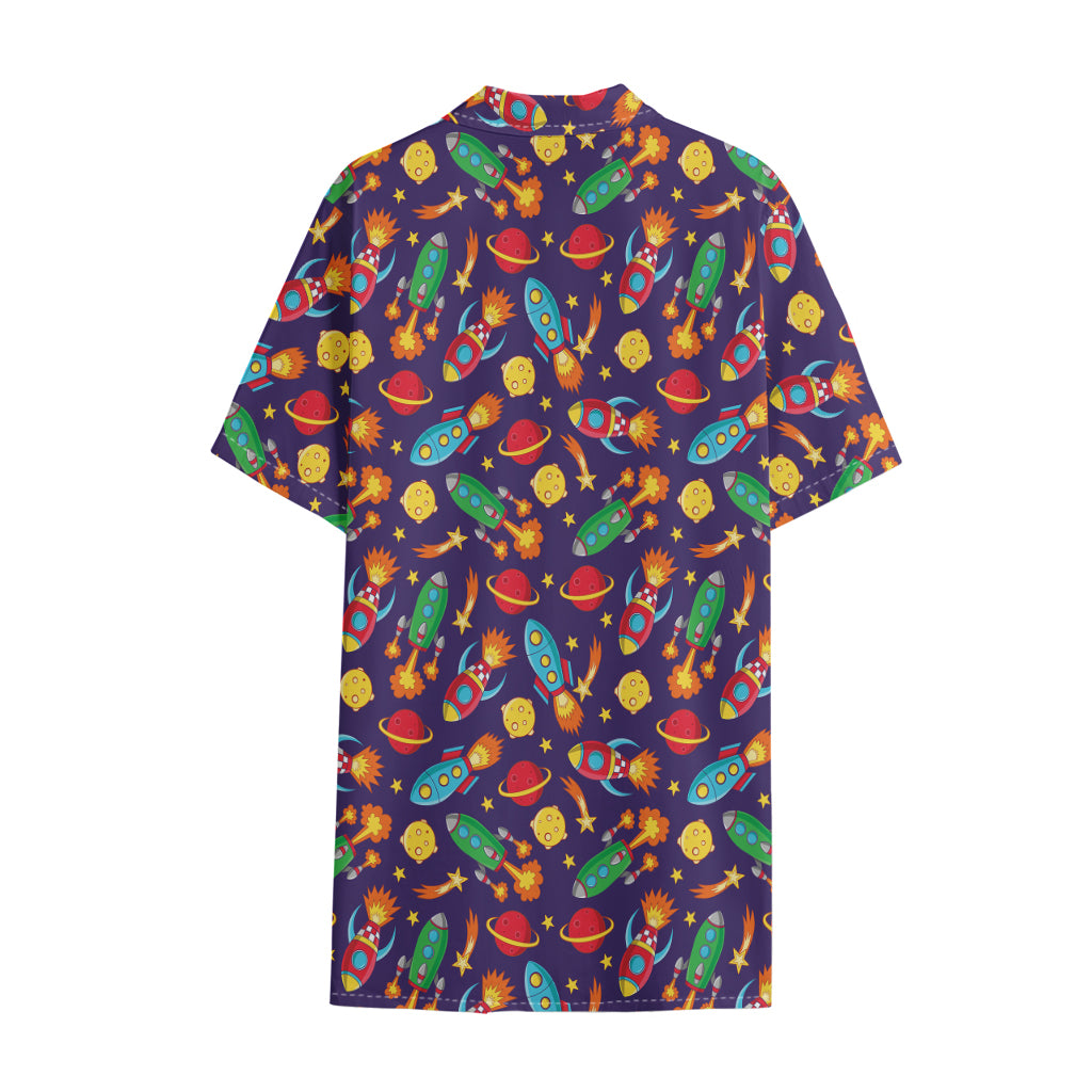 Space Rockets Pattern Print Cotton Hawaiian Shirt