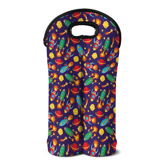 Space Rockets Pattern Print Double Neoprene Wine Tote