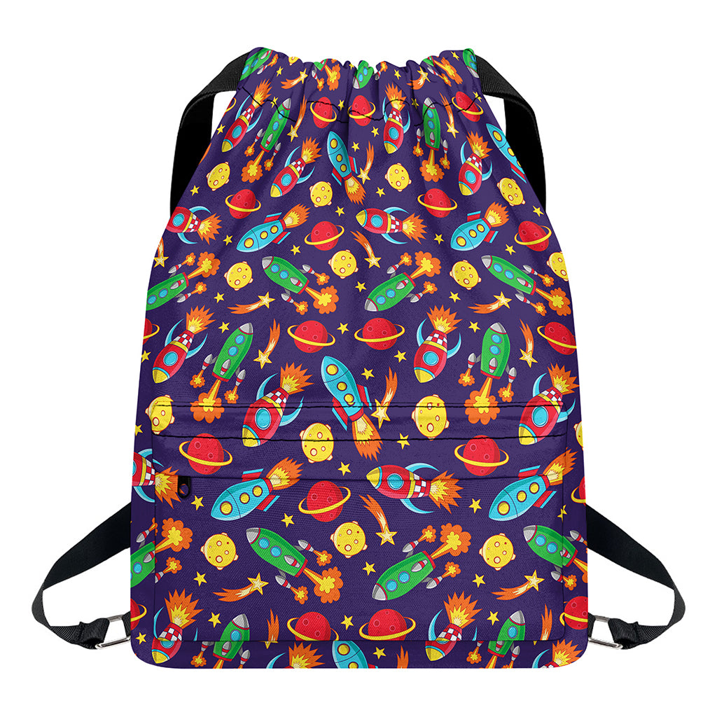 Space Rockets Pattern Print Drawstring Backpack