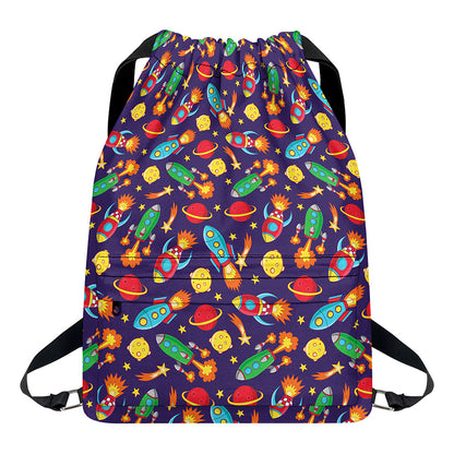 Space Rockets Pattern Print Drawstring Backpack