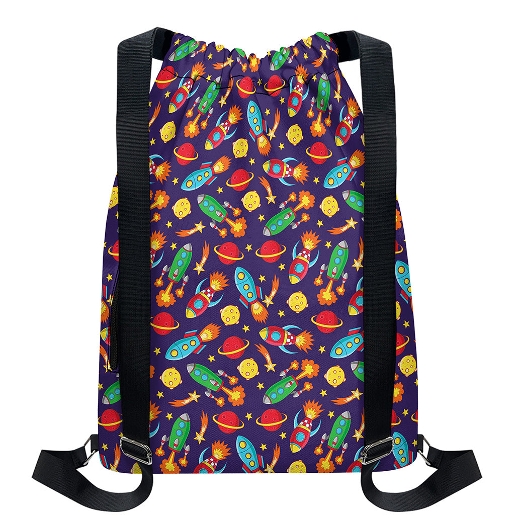 Space Rockets Pattern Print Drawstring Backpack
