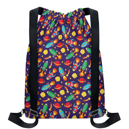 Space Rockets Pattern Print Drawstring Backpack