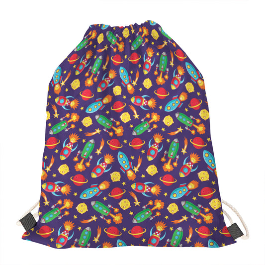 Space Rockets Pattern Print Drawstring Bag