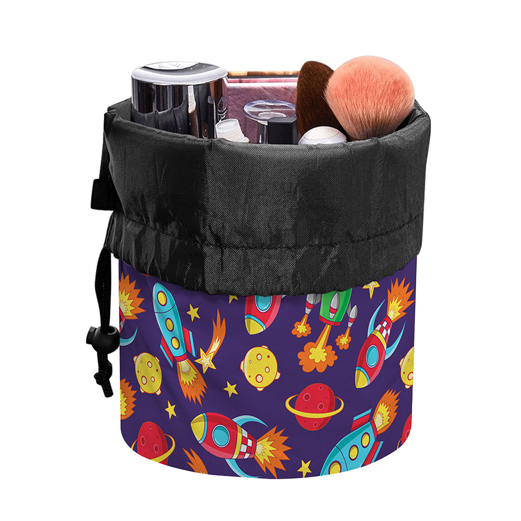 Space Rockets Pattern Print Drawstring Makeup Bag