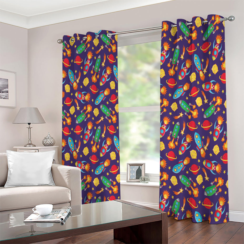 Space Rockets Pattern Print Extra Wide Grommet Curtains