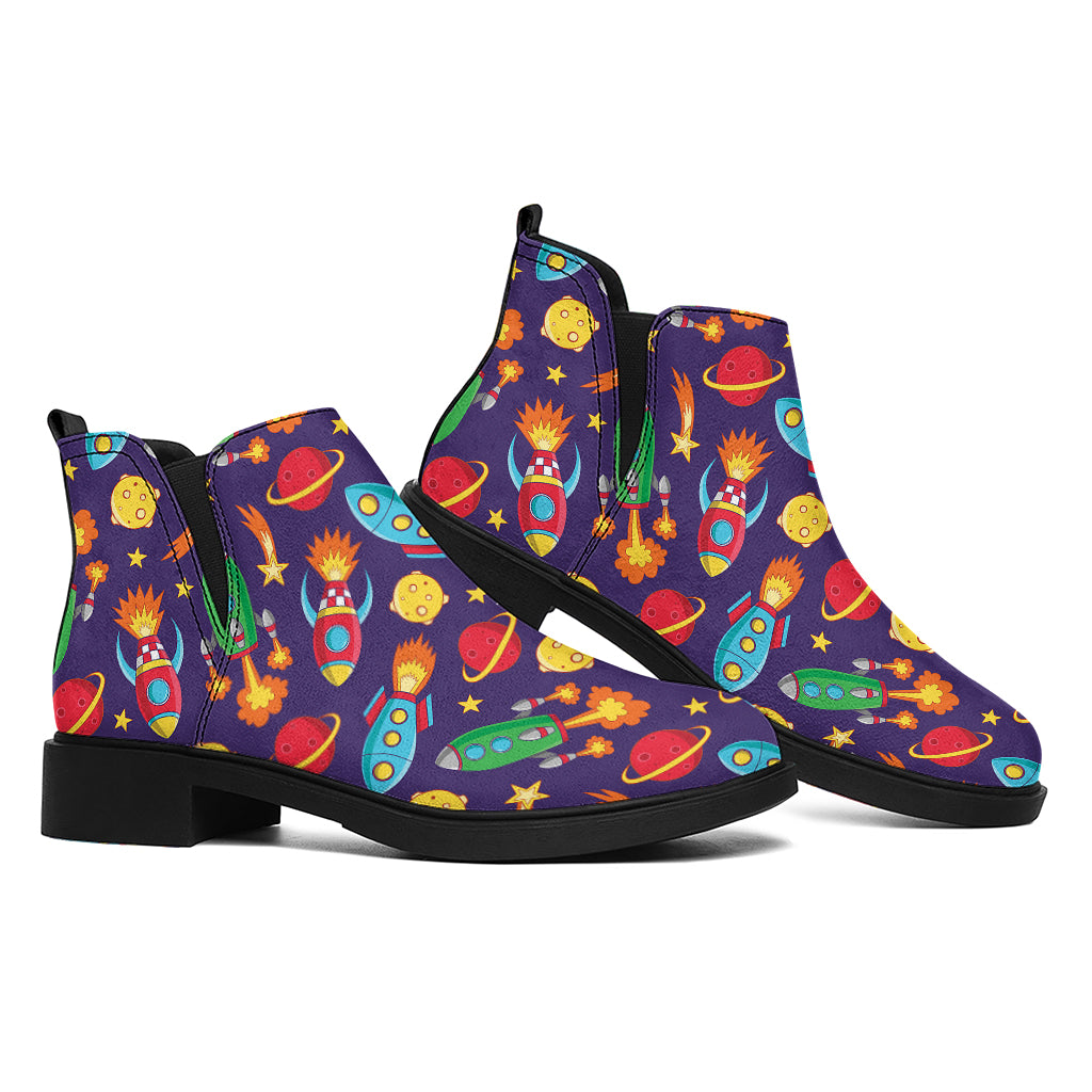 Space Rockets Pattern Print Flat Ankle Boots