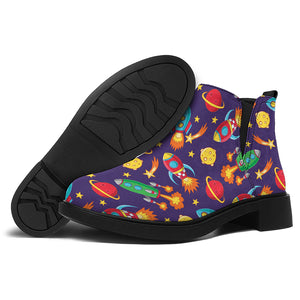 Space Rockets Pattern Print Flat Ankle Boots