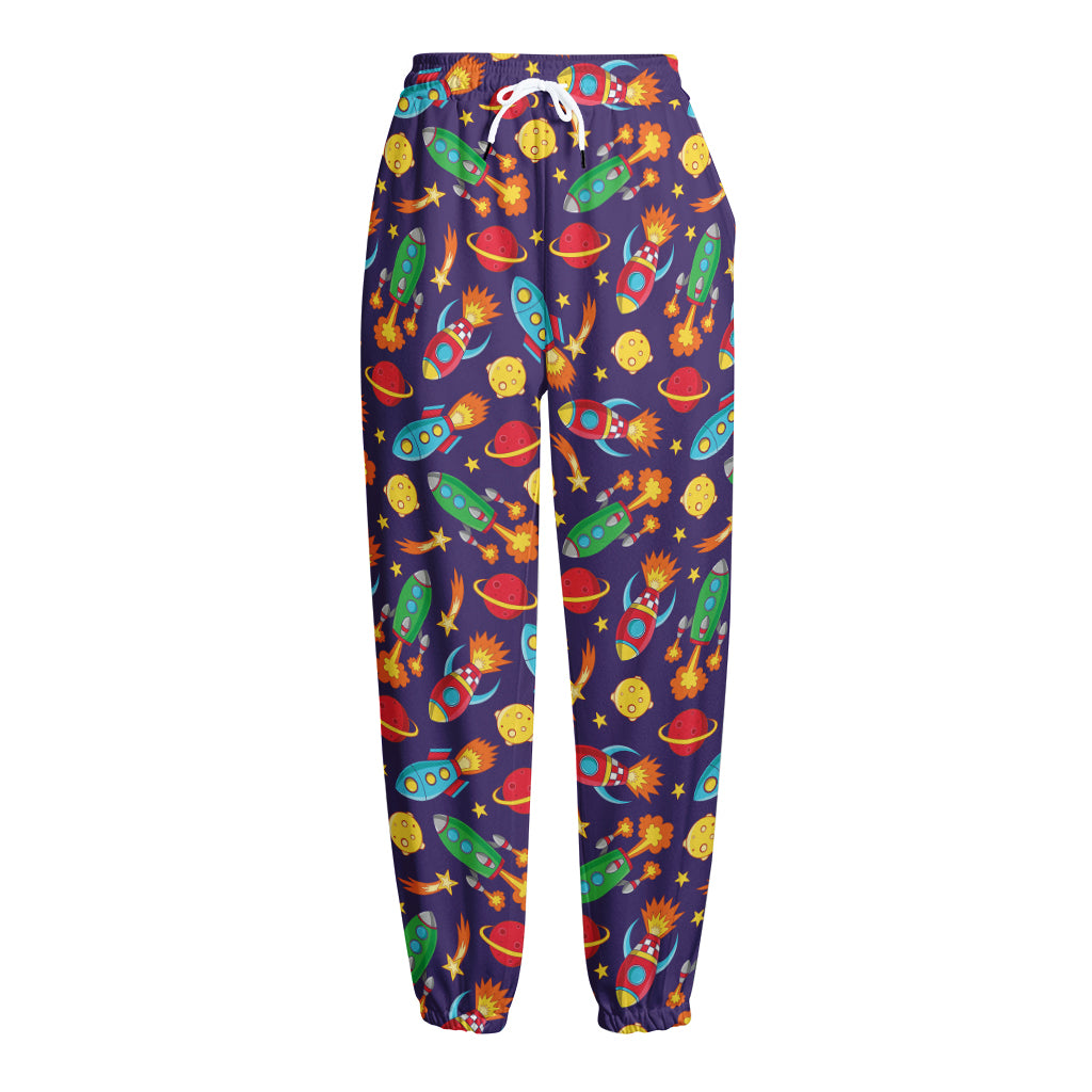Space Rockets Pattern Print Fleece Lined Knit Pants