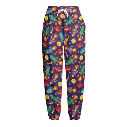 Space Rockets Pattern Print Fleece Lined Knit Pants