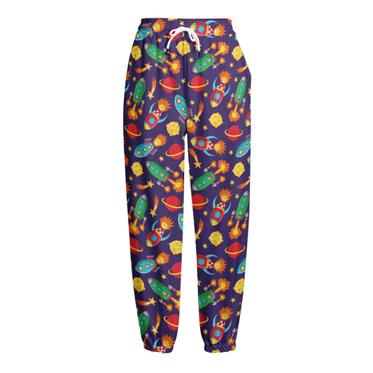 Space Rockets Pattern Print Fleece Lined Knit Pants