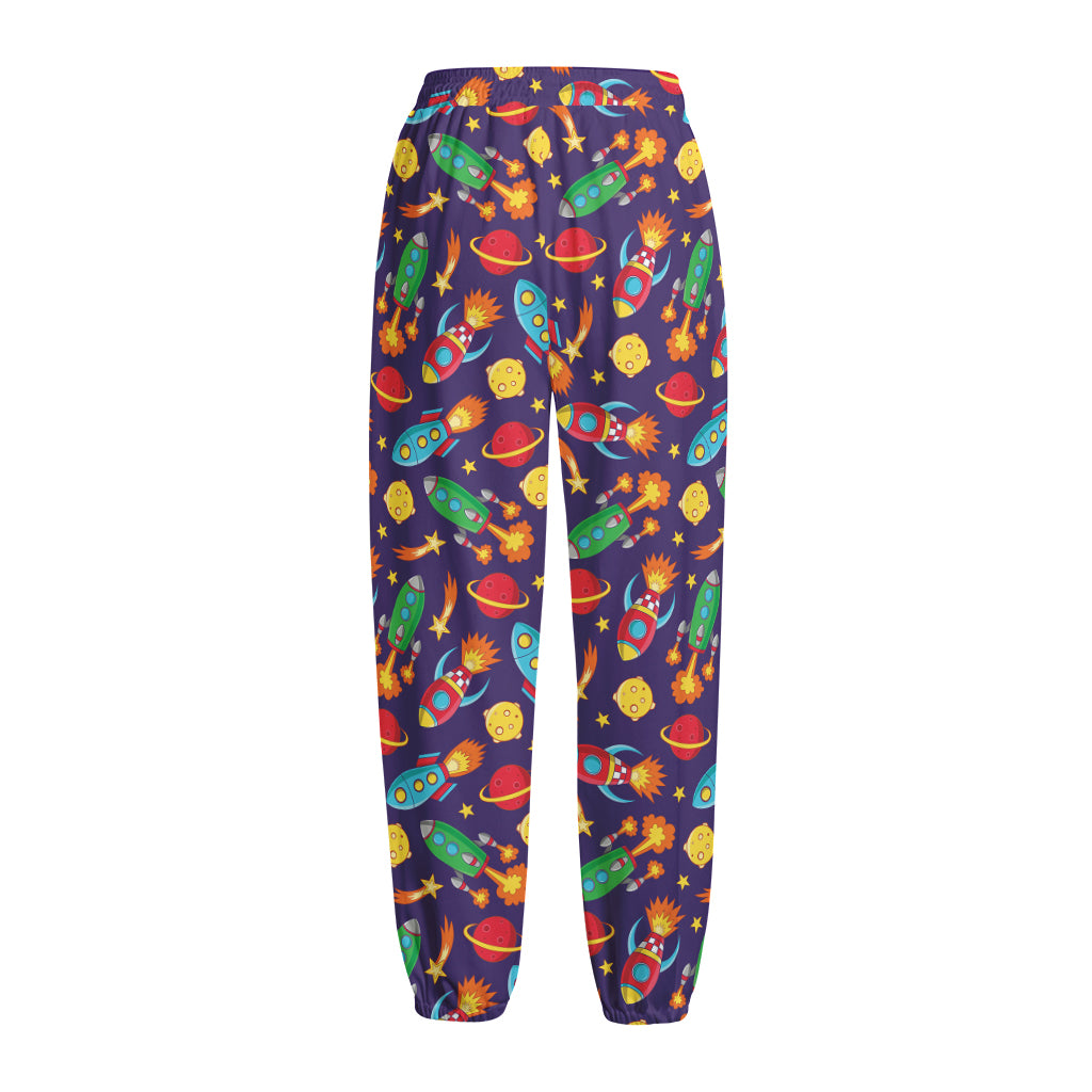 Space Rockets Pattern Print Fleece Lined Knit Pants