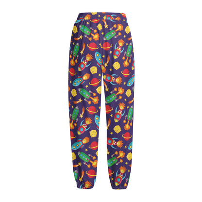 Space Rockets Pattern Print Fleece Lined Knit Pants
