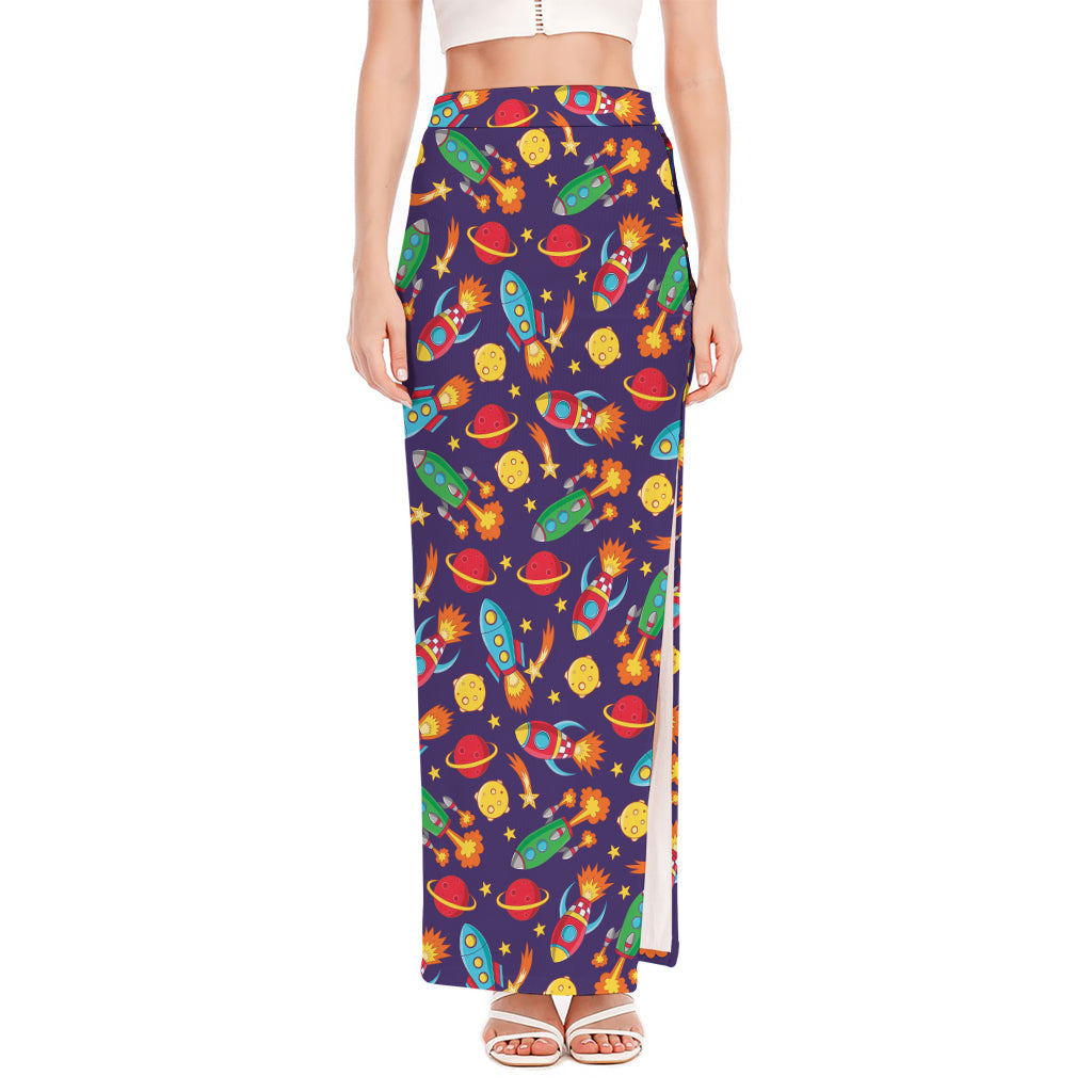 Space Rockets Pattern Print High Slit Maxi Skirt