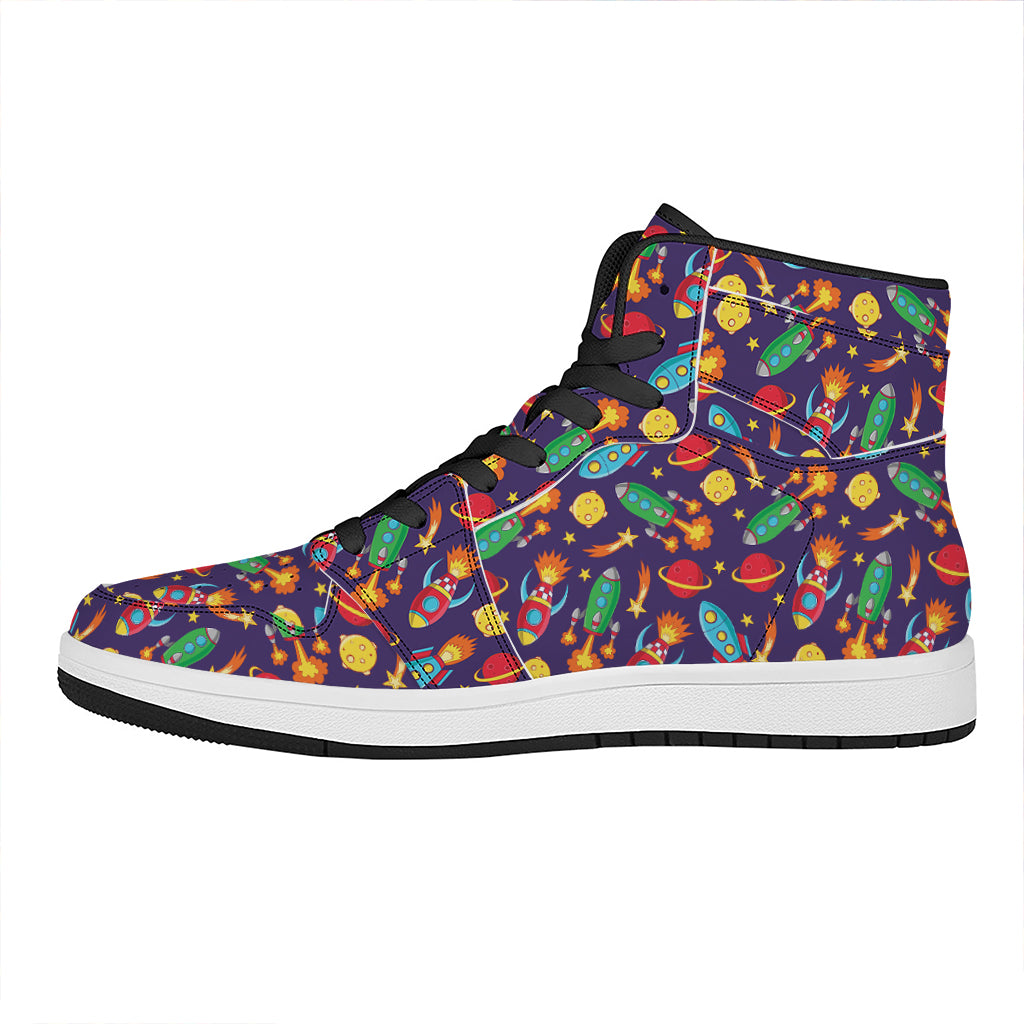 Space Rockets Pattern Print High Top Leather Sneakers