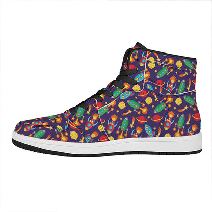 Space Rockets Pattern Print High Top Leather Sneakers