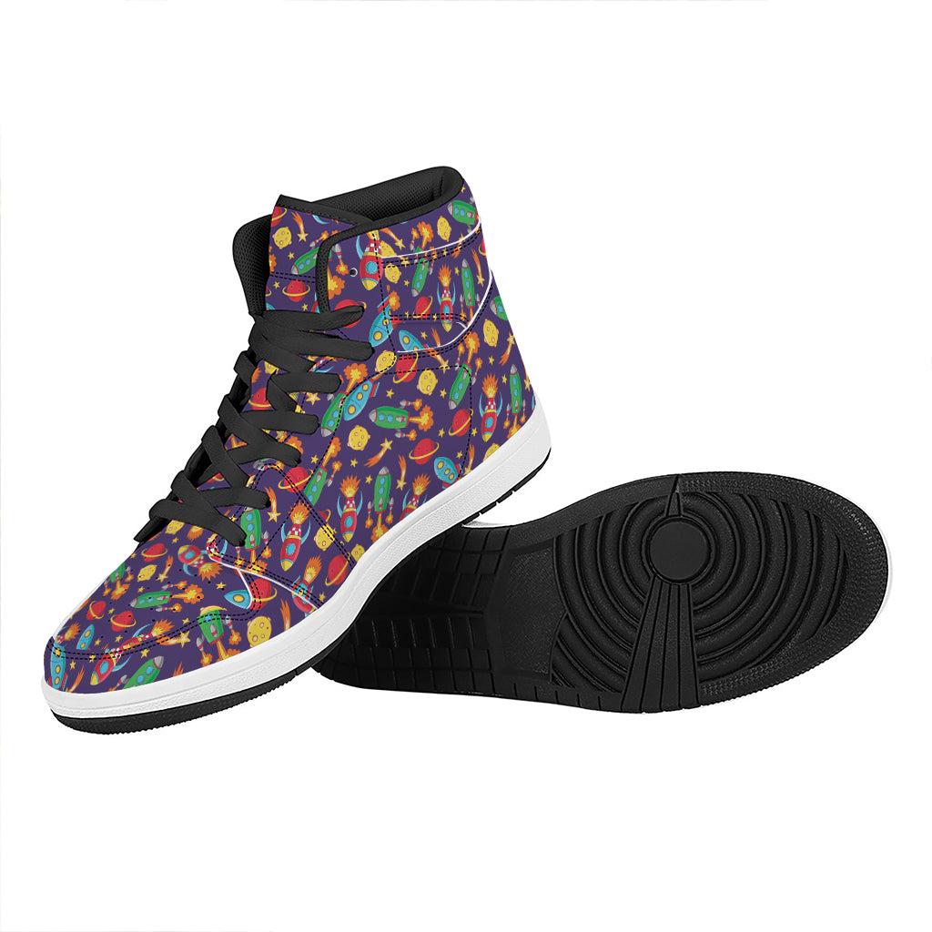 Space Rockets Pattern Print High Top Leather Sneakers