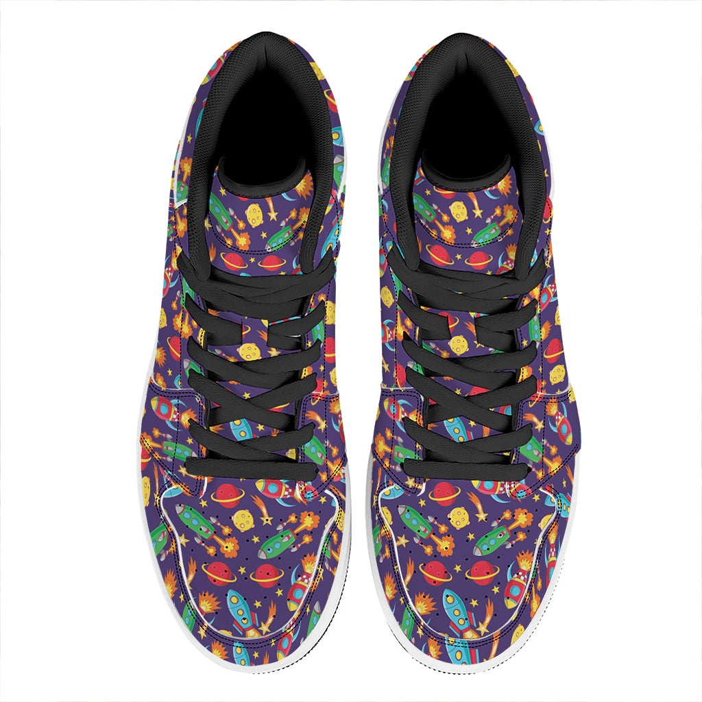 Space Rockets Pattern Print High Top Leather Sneakers